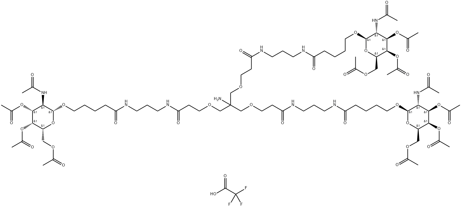 4,8-Dioxa-12,16-diazaheneicosanamide, 6-amino-11,17-dioxo-6-[[3-oxo-3-[[3-[[1-oxo-5-[[3,4,6-tri-O-acetyl-2-(acetylamino)-2-deoxy-β-D-galactopyranosyl]oxy]pentyl]amino]propyl]amino]propoxy]methyl]-N-[3-[[1-oxo-5-[[3,4,6-tri-O-acetyl-2-(acetylamino)-2-deoxy-β-D-galactopyranosyl]oxy]pentyl]amino]propyl]-21-[[3,4,6-tri-O-acetyl-2-(acetylamino)-2-deoxy-β-D-galactopyranosyl]oxy]-, 2,2,2-trifluoroacetate (1:1) Structure