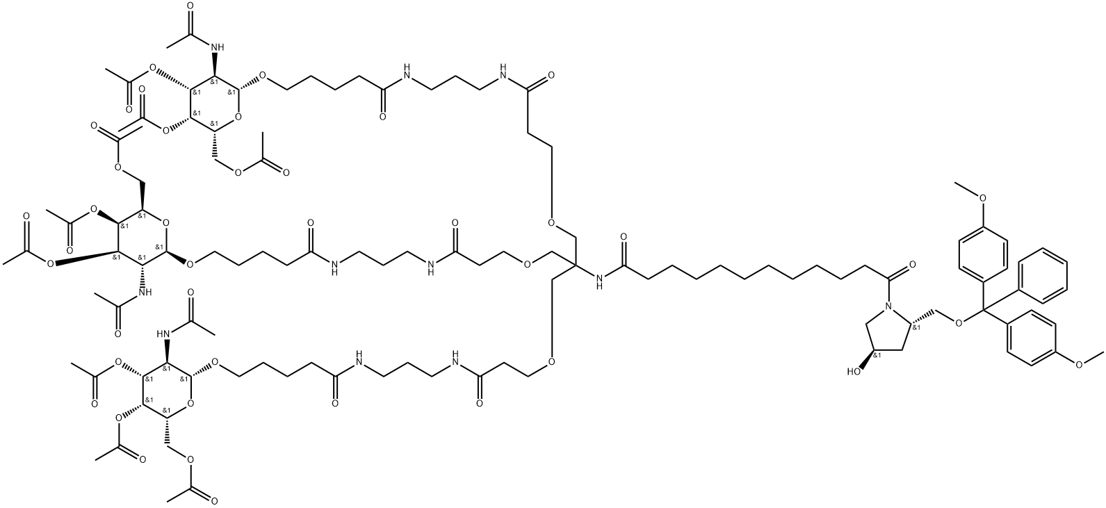 1-Pyrrolidinedodecanamide, 2-[[bis(4-methoxyphenyl)phenylmethoxy]methyl]-4-hydroxy-λ-oxo-N-[2-[3-oxo-3-[[3-[[1-oxo-5-[[3,4,6-tri-O-acetyl-2-(acetylamino)-2-deoxy-β-D-galactopyranosyl]oxy]pentyl]amino]propyl]amino]propoxy]-1,1-bis[[3-oxo-3-[[3-[[1-oxo-5-[[3,4,6-tri-O-acetyl-2-(acetylamino)-2-deoxy-β-D-galactopyranosyl]oxy]pentyl]amino]propyl]amino]propoxy]methyl]ethyl]-, (2S,4R)- Struktur
