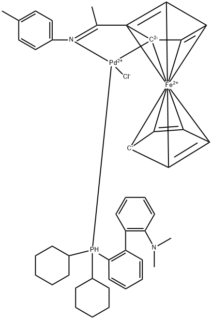 Palladium, chloro[2'-(dicyclohexylphosphino-.kappa.P)-N,N-dimethyl[1,1'-biphenyl]-2-amine][2-[1-[(4-methylphenyl)imino-.kappa.N]ethyl]ferrocenyl-.kappa.C]-, Struktur