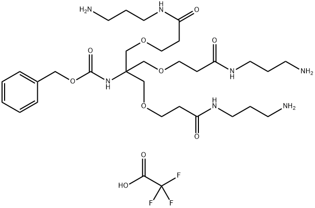Carbamic acid, N-[2-[3-[(3-aminopropyl)amino]-3-oxopropoxy]-1,1-bis[[3-[(3-aminopropyl)amino]-3-oxopropoxy]methyl]ethyl]-, phenylmethyl ester, 2,2,2-trifluoroacetate (1:3) Struktur