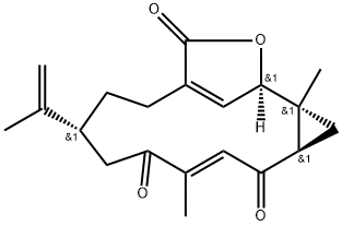 rel-(1R*,2S*,4R*,10R*)-2,7-ジメチル-10-(1-メチルエテニル)-15-オキサトリシクロ[11.2.1.02,4]ヘキサデカ-6,13(16)-ジエン-5,8,14-トリオン 化学構造式