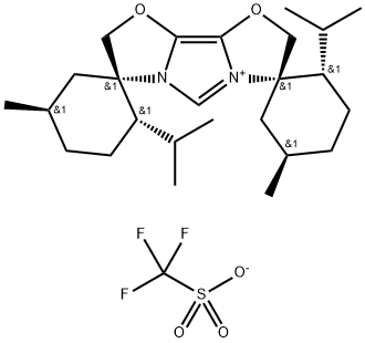 (1S,2S,2′′S,5R,5′′R,7′S)-2,2′′-Diisopropyl-5,5′′-dimethyl-2′H,8′H-dispiro[cyclohexane-1,3′-imidazo[4,3-b:5,1-b′]bis(oxazole)-7′,1′′-cyclohexan]-4′-ium trifluoromethanesulfonate Struktur
