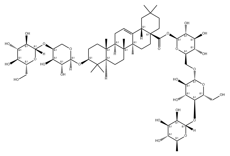 Olean-12-en-28-oic acid, 3-[(4-O-β-D-glucopyranosyl-α-L-arabinopyranosyl)oxy]-, O-6-deoxy-α-L-mannopyranosyl-(1→4)-O-β-D-glucopyranosyl-(1→6)-β-D-glucopyranosyl ester, (3β)-,1175042-33-7,结构式
