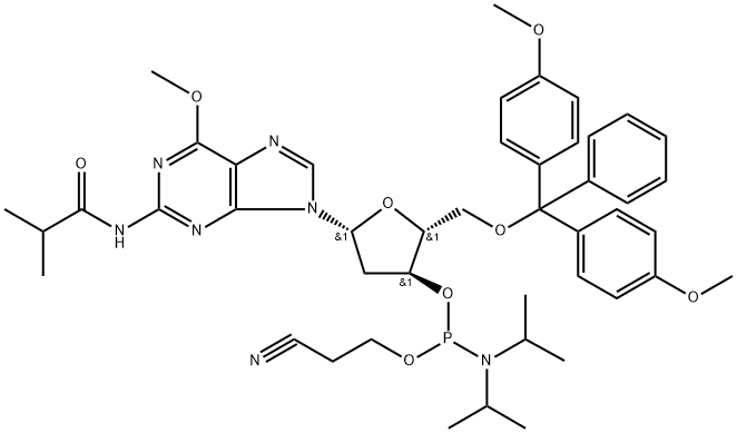 Guanosine, 5'-O-[bis(4-methoxyphenyl)phenylmethyl]-2'-deoxy-6-O-methyl-N-(2-methyl-1-oxopropyl)-, 3'-[2-cyanoethyl bis(1-methylethyl)phosphoramidite] (9CI) 化学構造式
