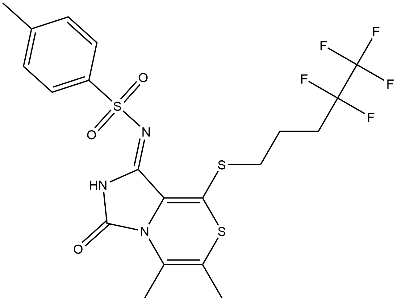 1-(トシルイミノ)-5,6-ジメチル-8-[(4,4,5,5,5-ペンタフルオロペンチル)チオ]-1H-イミダゾ[5,1-c][1,4]チアジン-3(2H)-オン 化学構造式