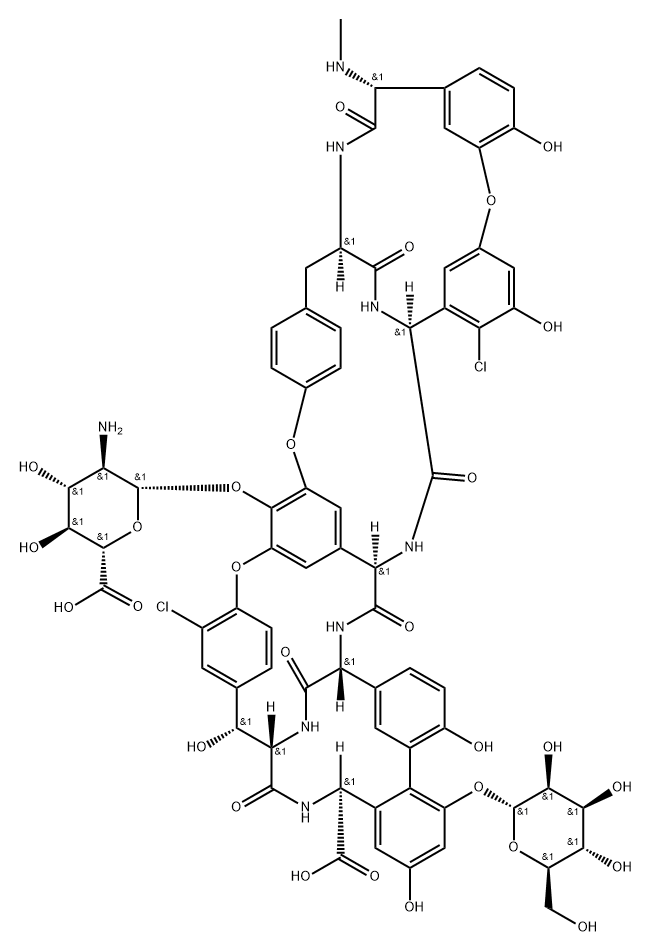 Ristomycin A aglycone, 56-O-(2-amino-2-deoxy-β-D-glucopyranuronosyl)-5,31-dichloro-7-demethyl-64-O-demethyl-19-deoxy-42-O-α-D-mannopyranosyl-N15-methyl- Structure