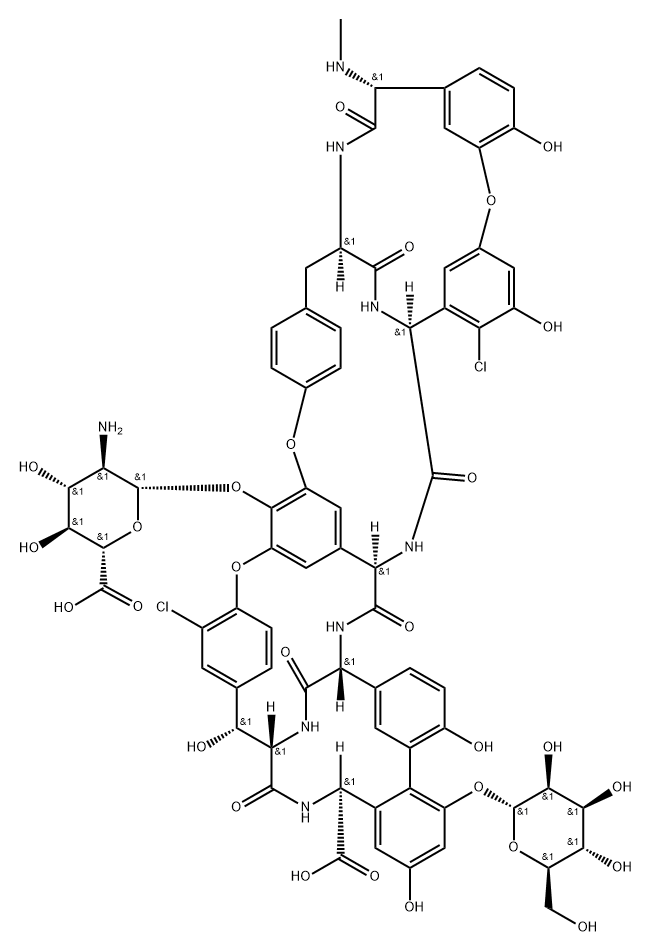 Ristomycin A aglycone, 56-O-(2-amino-2-deoxy-β-D-glucopyranuronosyl)-5,31-dichloro-7-demethyl-64-O-demethyl-19-deoxy-42-O-α-D-mannopyranosyl-N15-methyl- Struktur