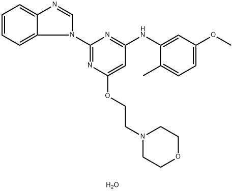 4-Pyrimidinamine, 2-(1H-benzimidazol-1-yl)-N-(5-methoxy-2-methylphenyl)-6-[2-(4-morpholinyl)ethoxy]-, hydrate (1:1),1188890-30-3,结构式