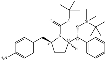 1-Pyrrolidinecarboxylic acid, 2-[(4-aminophenyl)methyl]-5-[(R)-[[(1,1-dimethylethyl)dimethylsilyl]oxy]phenylmethyl]-, 1,1-dimethylethyl ester, (2S,5R)- Struktur