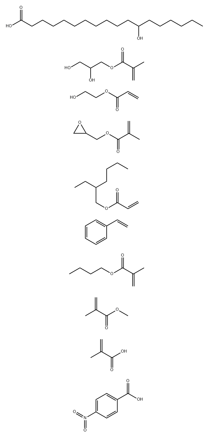 Octadecanoic acid, 12-hydroxy-, homopolymer, 2-hydroxy-3-[(2-methyl-1-oxo-2-propenyl)oxy]propyl ester, polymer with butyl 2-methyl-2-propenoate, ethenylbenzene, 2-ethylhexyl 2-propenoate, 2-hydroxyethyl 2-propenoate, methyl 2-methyl-2-propenoate, 2-methyl Struktur