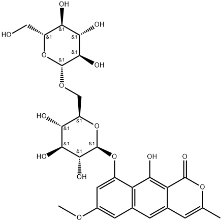 9-[(6-O-β-D-グルコピラノシル-β-D-グルコピラノシル)オキシ]-10-ヒドロキシ-3-メチル-1H-ナフト[2,3-c]ピラン-1-オン 化学構造式