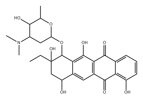 (7R)-8-エチル-7,8,9,10-テトラヒドロ-1,6,8α,10α-テトラヒドロキシ-7β-[(3-ジメチルアミノ-2,3,6-トリデオキシ-α-L-lyxo-ヘキソピラノシル)オキシ]-5,12-ナフタセンジオン 化学構造式