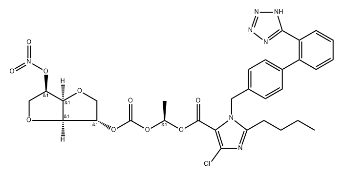 D-Glucitol, 1,4:3,6-dianhydro-, 2-[(1S)-1-[[[2-butyl-4-chloro-1-[[2'-(2H-tetrazol-5-yl)[1,1'-biphenyl]-4-yl]methyl]-1H-imidazol-5-yl]carbonyl]oxy]ethyl carbonate] 5-nitrate Struktur