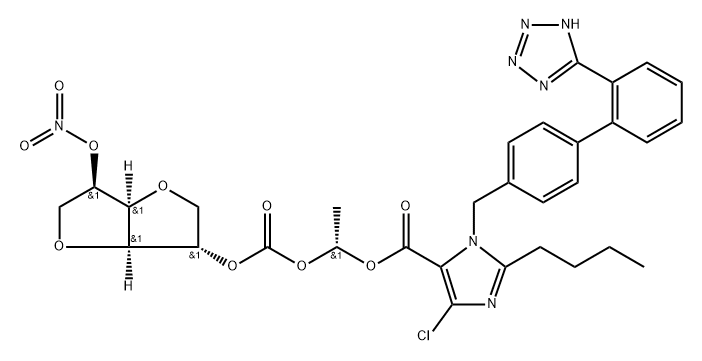 D-Glucitol, 1,4:3,6-dianhydro-, 2-[(1R)-1-[[[2-butyl-4-chloro-1-[[2'-(2H-tetrazol-5-yl)[1,1'-biphenyl]-4-yl]methyl]-1H-imidazol-5-yl]carbonyl]oxy]ethyl carbonate] 5-nitrate Structure