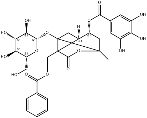 Benzoic acid, 3,4,5-trihydroxy-, (1R,3R,4R,6S,9S)-9-[(benzoyloxy)methyl]-1-(β-D-glucopyranosyloxy)-6-methyl-8-oxo-7-oxatricyclo[4.3.0.03,9]non-4-yl ester Struktur