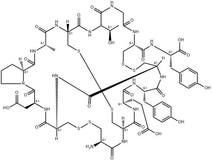 L-Tyrosine, L-cysteinyl-L-cysteinyl-L-α-glutamyl-L-tyrosyl-L-cysteinyl-L-cysteinyl-L-α-aspartyl-L-prolyl-L-alanyl-L-cysteinyl-L-threonylglycyl-L-cysteinyl-, cyclic (1→6),(2→10),(5→13)-tris(disulfide) Struktur