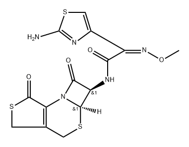 4-Thiazoleacetamide, 2-amino-α-(methoxyimino)-N-[(5aR,6R)-1,4,5a,6-tetrahydro-1,7-dioxo-3H,7H-azeto[2,1-b]thieno[3,4-d][1,3]thiazin-6-yl]-, (αZ)- Struktur