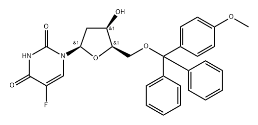 2,4(1H,3H)-Pyrimidinedione, 1-[2-deoxy-5-O-[(4-methoxyphenyl)diphenylmethyl]-β-D-threo-pentofuranosyl]-5-fluoro- 结构式