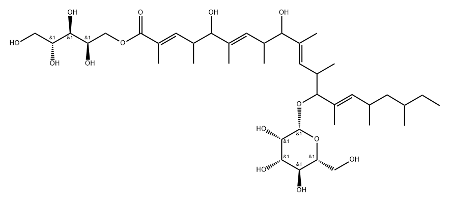 D-Arabinitol, 1-[(2E,6E,10E,14E)-5,9-dihydroxy-13-(β-D-mannopyranosyloxy)-2,4,6,8,10,12,14,16,18-nonamethyl-2,6,10,14-eicosatetraenoate] Struktur