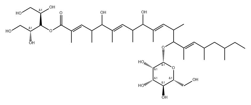 D-Arabinitol, 3-[(2E,6E,10E,14E)-5,9-dihydroxy-13-(β-D-mannopyranosyloxy)-2,4,6,8,10,12,14,16,18-nonamethyl-2,6,10,14-eicosatetraenoate] Struktur