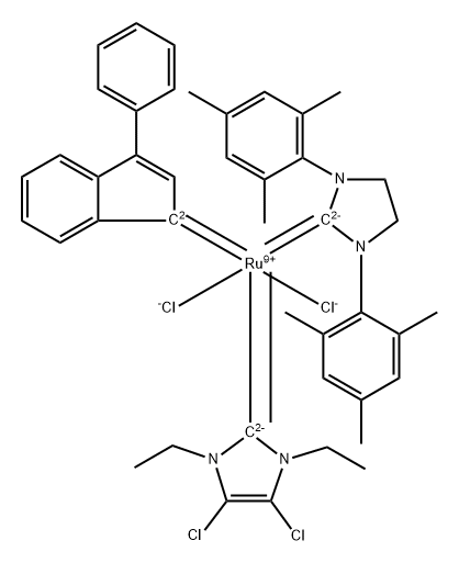 1,3-BIS(2,4,6-TRIMETHYLPHENYL)-2-IMIDAZOLIDINYLIDENE)(3-PHENYL-1H-INDEN-1-YLIDENE)(4,5-DICHLORO-1,3-DIETHYL-1,3-DIHYDRO-2H-IMIDAZOL-2-YLIDENE)RUTHENIUM(II)CHLORIDE, 1228169-92-3, 结构式
