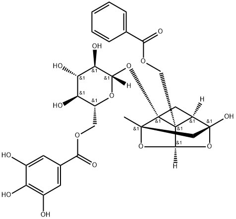 [[(1aR)-5bβ-[(ベンゾイルオキシ)メチル]-3aβ,5,5aβ,5b-テトラヒドロ-5β-ヒドロキシ-2-メチル-2α,5α-メタノ-3,4-ジオキサ-1H-シクロブタ[cd]ペンタレン]-1aβ(2H)-イル]6-O-ガロイル-β-D-グルコピラノシド 化学構造式