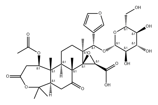 Spiro[naphth[2,1-c]oxepin-8(5H),2'-oxirane]-3'-carboxylic acid, 1-(acetyloxy)-9-[(S)-3-furanyl(β-D-glucopyranosyloxy)methyl]dodecahydro-5,5,7a,9,11b-pentamethyl-3,7-dioxo-, (1R,2'R,3'R,5aR,7aR,9S,11aR,11bR)- Structure