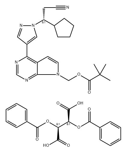 Butanedioic acid, 2,3-bis(benzoyloxy)-, (2S,3S)-, compd. with [4-[1-[(1R)-2-cyano-1-cyclopentylethyl]-1H-pyrazol-4-yl]-7H-pyrrolo[2,3-d]pyrimidin-7-yl]methyl 2,2-dimethylpropanoate (1:1) 结构式