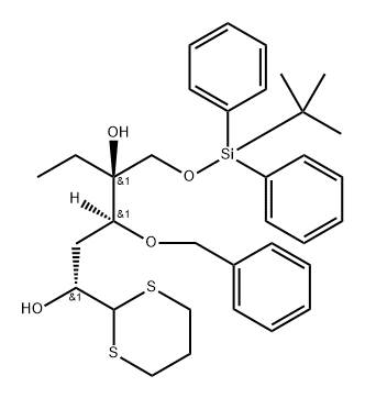 L-lyxo-Hexose, 3-deoxy-6-O-(1,1-dimethylethyl)diphenylsilyl-5-C-ethyl-4-O-(phenylmethyl)-, cyclic 1,3-propanediyl dithioacetal Struktur