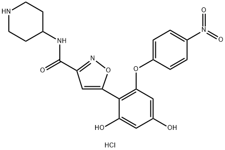 3-Isoxazolecarboxamide, 5-[2,4-dihydroxy-6-(4-nitrophenoxy)phenyl]-N-4-piperidinyl-, hydrochloride (1:1) Structure