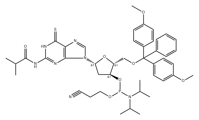2'-Deoxy-5'-O-DMT-N2-isobutyryl-6-thioguanosine 3-CE phosphoramidite 结构式