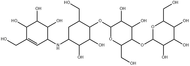 4-O-[4-O-(α-D-Glucopyranosyl)-β-D-glucopyranosyl]-5-(hydroxymethyl)-1-[[(1S,4R,5S,6S)-4,5,6-trihydroxy-3-(hydroxymethyl)-2-cyclohexen-1-yl]amino]-1,5,6-trideoxy-D-chiro-inositol 结构式