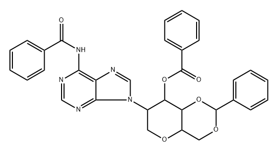 1,5-Anhydro-3-O-benzoyl-4,6-O-benzylidene-2-deoxy-2-(N6-benzoyladenin-1-yl)-D-altro-hexitol Struktur