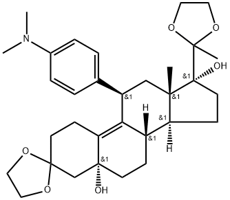(5A,11B)-11-[4-(二甲基氨基)苯基]-5,17-二羟基-19-去甲基雄甾-9-烯-3,20-二酮双(1,2-乙二醇)环缩醛 结构式