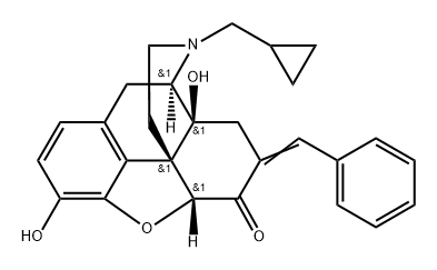 (7E)-7-ベンジリデン-3,14-ジヒドロキシ-17-(シクロプロピルメチル)-4,5α-エポキシモルフィナン-6-オン 化学構造式