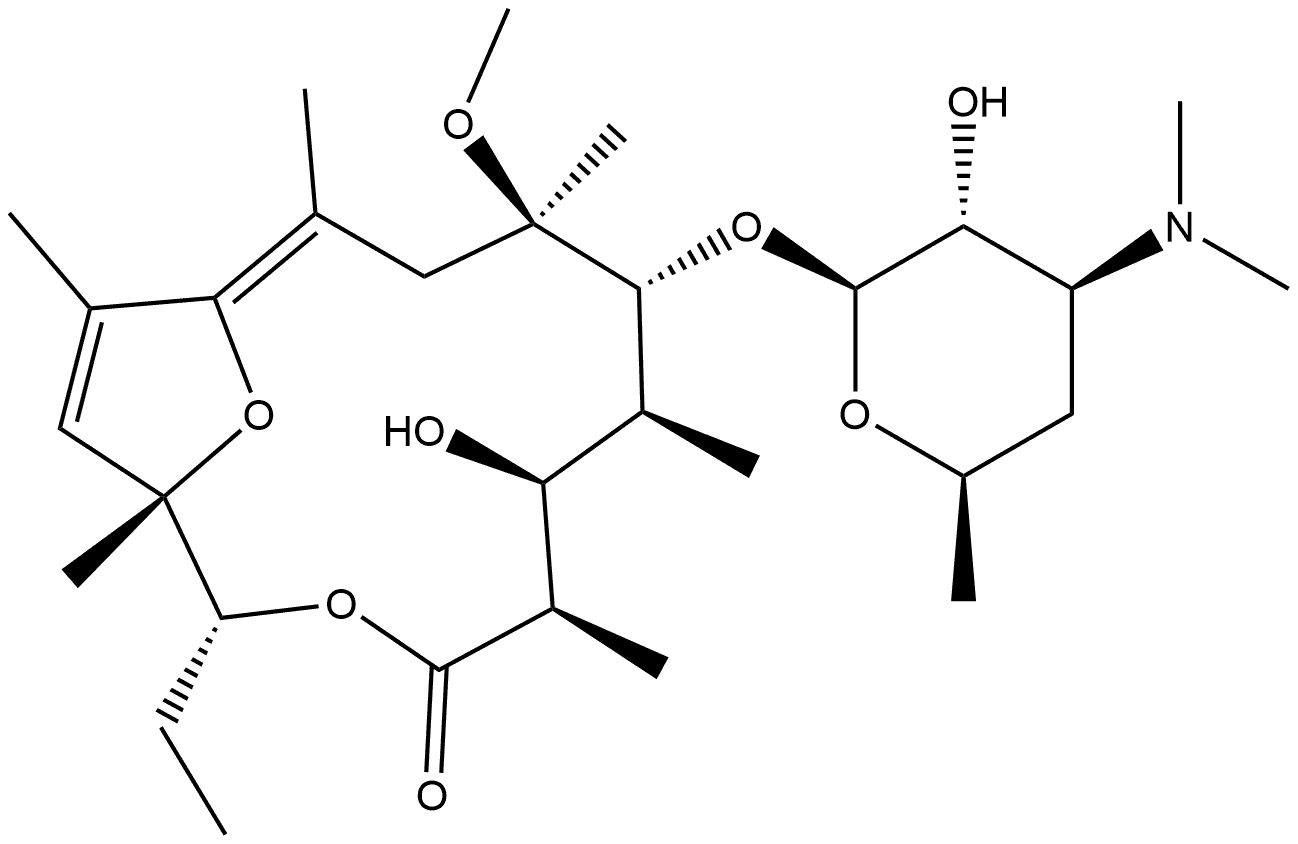 Erythromycin, 3-O-de(2,6-dideoxy-3-C-methyl-3-O-methyl-α-L-ribo-hexopyranosyl)-8,9,10,11-tetradehydro-9-deoxo-11,12-dideoxy-9,12-epoxy-6-O-methyl-, (8Z)- Struktur