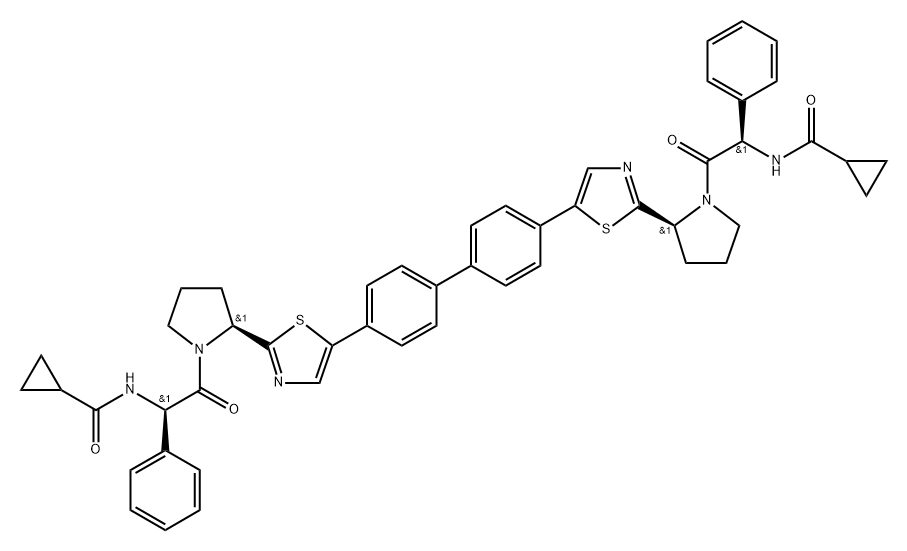 Cyclopropanecarboxamide, N,N'-[[1,1'-biphenyl]-4,4'-diylbis[5,2-thiazolediyl-(2S)-2,1-pyrrolidinediyl[(1R)-2-oxo-1-phenyl-2,1-ethanediyl]]]bis- Structure