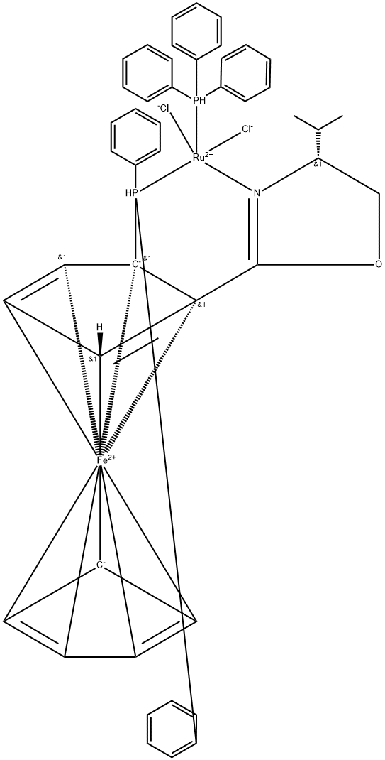 (+)-Dichloro[(4R)-4-(i-propyl)-2-{(R)-2-(diphenylphosphino)ferrocenyl}oxazoline](triphenylphosphine)ruthenium(II) Structure