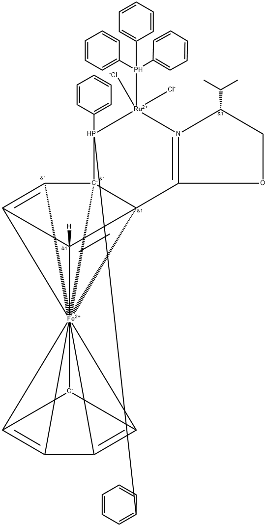 (+)-DICHLORO[(4R)-4-(I-PROPYL)-2-{(R)-2-(DIPHENYLPHOSPHINO)FERROCENYL}OXAZOLINE](TRIPHENYLPHOSPHINE)RUTHENIUM(II), 1312582-16-3, 结构式