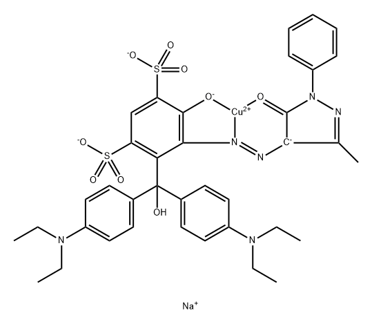 Cuprate(2-), [4-[bis[4-(diethylamino)phenyl]hydroxymethyl]-5-[(4,5-dihydro-3-methyl-5-(oxo-κO)-1-phenyl-1H-pyrazol-4-yl)azo-κN1]-6-(hydroxy-κO)-1,3-benzenedisulfonato(4-)]-, disodium Struktur