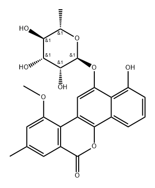 1-ヒドロキシ-10-メトキシ-8-メチル-12-[(6-デオキシ-α-L-マンノピラノシル)オキシ]-6H-ベンゾ[d]ナフト[1,2-b]ピラン-6-オン 化学構造式