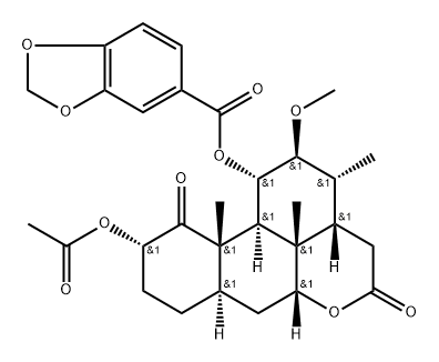 (1S)-1α-[[(1,3-Benzodioxol-5-yl)carbonyl]oxy]-10α-acetoxy-2β-methoxy-3α,11aβ,11cβ-trimethyl-1,2,3,3aβ,6aβ,7,7aα,9,10,11a,11b,11c-dodecahydrophenanthro[10,1-bc]pyran-5,11(4H,8H)-dione Struktur
