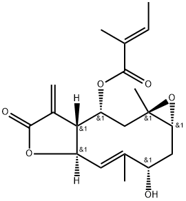 (E)-2-メチル-2-ブテン酸[(1aR,3S,4Z,5aR,8aR,9R,10aR)-1a,2,3,5a,7,8,8a,9,10,10a-デカヒドロ-3-ヒドロキシ-4,10a-ジメチル-8-メチレン-7-オキソオキシレノ[5,6]シクロデカ[1,2-b]フラン-9-イル] 化学構造式