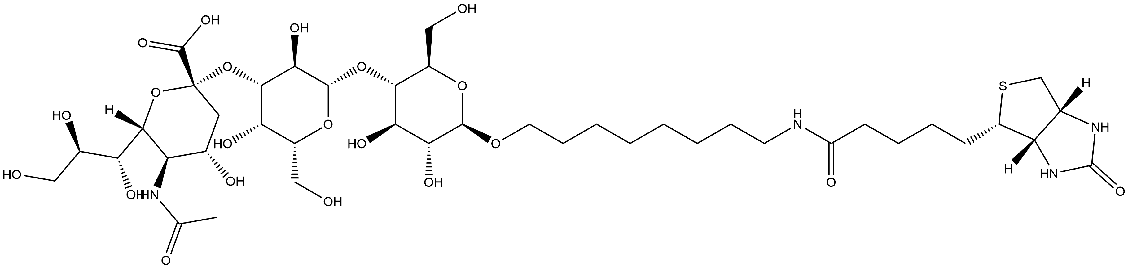 (3aS,4S,6aR)-N-[8-[[O-(N-Acetyl-α-neuraminosyl)-(2→3)-O-β-D-galactopyranosyl-(1→4)-β-D-glucopyranosyl]oxy]octyl]hexahydro-2-oxo-1H-thieno[3,4-d]imidazole-4-pentanamide 结构式