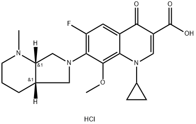 3-Quinolinecarboxylic acid, 1-cyclopropyl-6-fluoro-1,4-dihydro-8-Methoxy-7-[(4aR,7aR)-octahydro-1-Methyl-6H-pyrrolo[3,4-b]pyridin-6-yl]-4-oxo-, hydrochloride (1:1), rel- Struktur