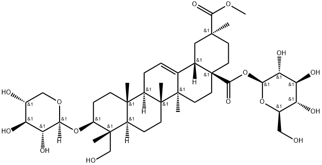 Olean-12-ene-28,29-dioic acid, 23-hydroxy-3-(β-D-xylopyranosyloxy)-, 28-β-D-glucopyranosyl 29-methyl ester, (3β,4α,20β)- 结构式