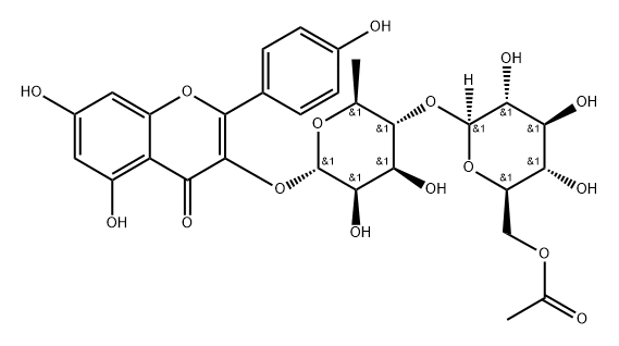 4H-1-Benzopyran-4-one, 3-[[4-O-(6-O-acetyl-β-D-glucopyranosyl)-6-deoxy-α-L-mannopyranosyl]oxy]-5,7-dihydroxy-2-(4-hydroxyphenyl)-, 1350028-90-8, 结构式