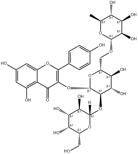 2-(4-ヒドロキシフェニル)-5,7-ジヒドロキシ-3-[6-O-(α-L-ラムノピラノシル)-2-O-(β-D-ガラクトピラノシル)-β-D-グルコピラノシルオキシ]-4H-1-ベンゾピラン-4-オン 化学構造式