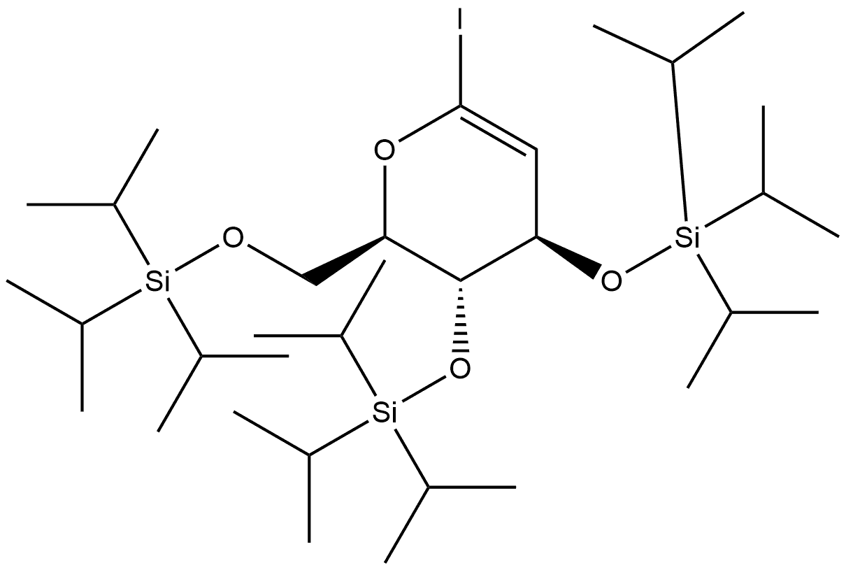 D-arabino-Hex-1-enopyranosyl iodide, 2-deoxy-3,4,6-tris-O-[tris(1-methylethyl)silyl]-,135145-81-2,结构式