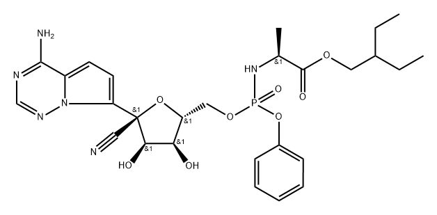 (2S)-2-ethylbutyl 2-(((((2R,3S,4R,5R)-5-(4-aminopyrrolo[2,1-f][1,2,4]triazin-7-yl)-5-cyano-3,4-dihydroxytetrahydrofuran-2-yl)methoxy)(phenoxy)phosphoryl)amino)propanoate Structure
